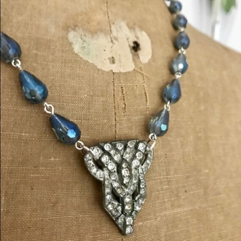 Vintage rhinestone blue beaded necklace ooak